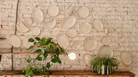 Ceramic plates on a shelf in the kitchen with plants.