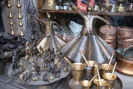 Traditional turkish coffee pot and copper utensils in Istanbul, Turkey