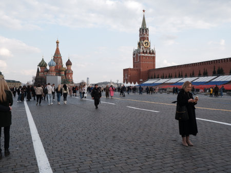 Tourists walk on Red Square in Moscow.
