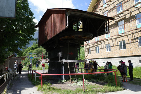 Tourists visit the old wooden cable car in Bavaria, Germany.のeditorial素材