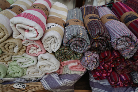 Colorful towels for sale at a market in the city of Seoul in South Korea.