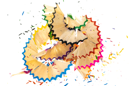 Wooden spiral pencil shavings from sharpener isolated on white backgroundの写真素材