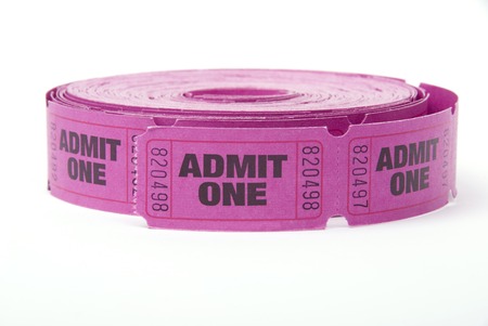 A roll of admit one tickets on a white backgroundの写真素材