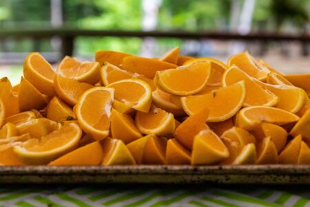 Diverse people enjoy spiritual gathering A close up view on segments of freshly sliced oranges on a...