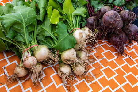 Organic produce at a farmer's market. Bundles of turnips and beetroot (root vegetables) are seen...