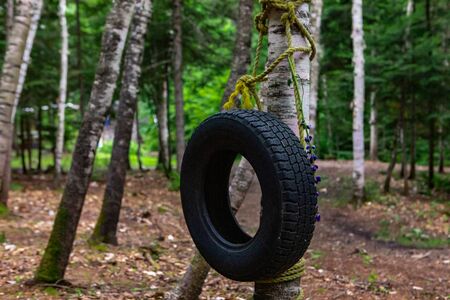 Diverse people enjoy spiritual gathering A large rubber tire is viewed hanging from a tree with rope in a woodland camp site dedicated to spirituality and native cultures.の写真素材