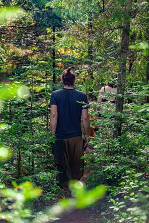 Diverse people enjoy spiritual gathering A group of people are seen walking through thick woodland...