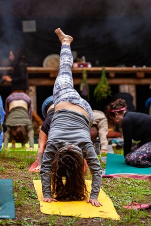 Diverse people enjoy spiritual gathering A close up and front view of a woman in three-legged downward-facing dog pose (tri pada adho mukha svanasana) during a yoga session in nature.の写真素材