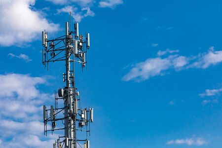 A low angle view of a typical cell network antenna tower. Used to send and receive mobile network...