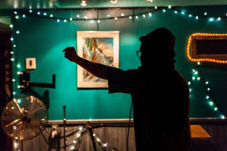 Silhouette view of the poet with white christmas lights in the background