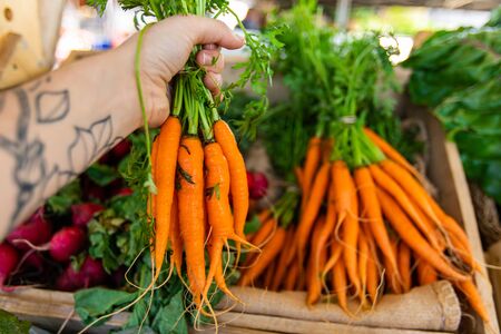 First person perspective as a shopper buys locally produced organic carrots at a market stall during...