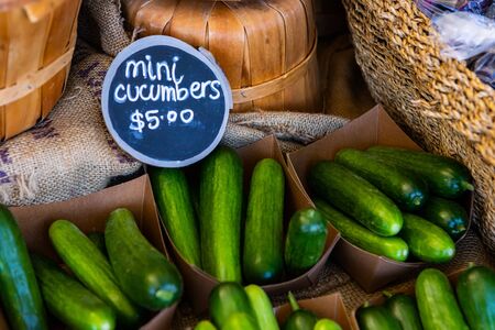 A high angle and close up shot of biological mini cucumbers displayed in small cartons on a market stall during a local agricultural harvest fair.の写真素材