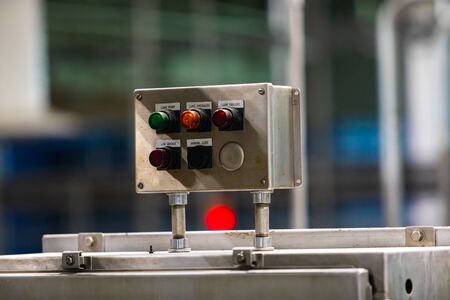 Belt conveyor system signal board lamps, packaging machine lubricant conditions, lube pump, lube pressure, lube failure, low grease, manual lubeの写真素材