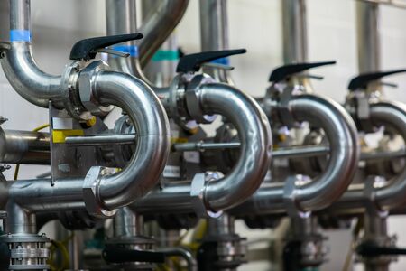 stainless steel sanitary ferrule 180 degree elbow pipe fittings on pipes with squeeze grip valves,...