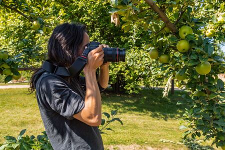 a caucasian young man with long hair in the apple orchard. side view of a photographer taking...