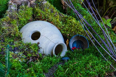A close up shot of a magical fairy house in a forest, with moss covered tree stump, overturned stone...