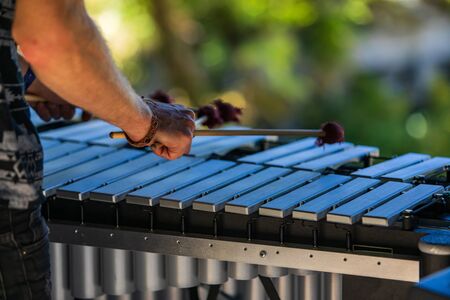 A close up and rear view of a folk musician playing a vibraphone on stage at a multicultural festival celebrating acoustic sounds and culture, shallow focusの写真素材