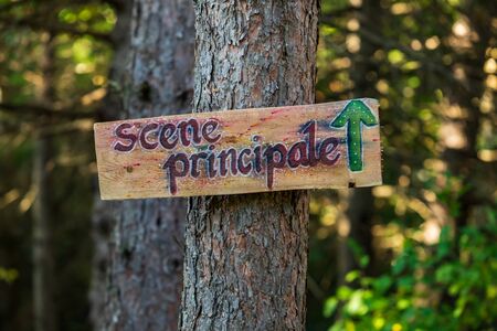 A closeup shot of a handmade wooden sign fixed to a tree trunk with French writing, Principle Scene. Directing people during earth festival in natureの写真素材