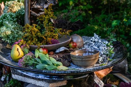 A close up shot with shallow depth of field of natural offerings on a ceramic plate in nature....