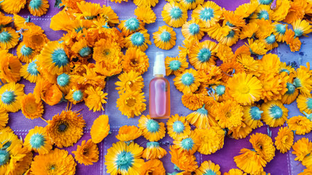Clear shot of many calendula flowers, freshly cut from their stems, also featuring organic calendula oil in a small spray bottle.の写真素材