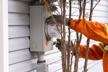 Picture of hands of a skillful worker, wearing shock proof gloves and orange uniform, fixing electrical meter on a white wall, besides a dry plantの写真素材