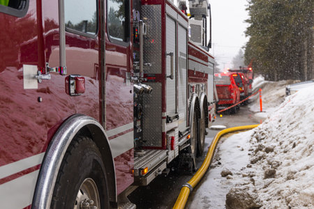 Firetruck is parked on a snowy street, with its hose deployed, attending an emergency call during a...