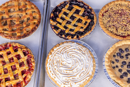 Freshly baked fruit pies with various crusts cooling on a baking sheet, showcasing blueberry, apple,...
