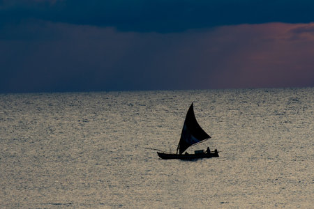 Silhouette of a sailboat jangada sailing on a silver sea at sunset, with a dark blue sky, on the...