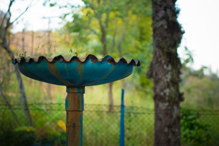 Blue garden fountain, old and with rust details in the highlights. Selective focus.の写真素材
