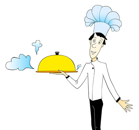 Cartoon illustration of chef holding covered dishesのイラスト素材