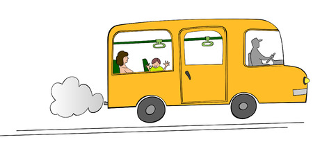 The yellow bus carries two passengers vector illustration