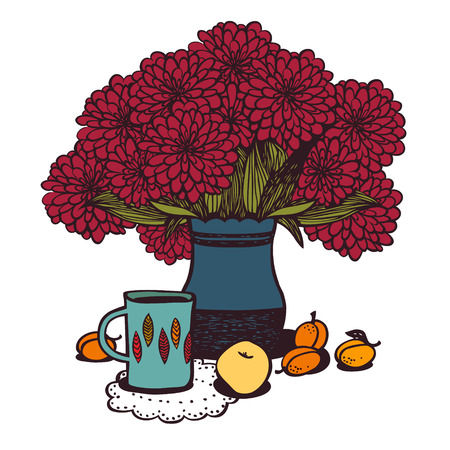 Still life with tea, apricot, apple and bouquet of chrysanthemums  のイラスト素材