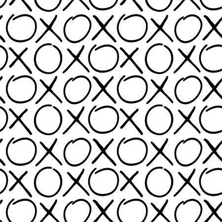 Hand draw seamless cross zero pattern. Black cross and zero on white background. XO XOのイラスト素材