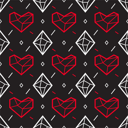 Abstract seamless pattern with heart and diamond. Geometry polygonal  style. Black and red. Eps10のイラスト素材