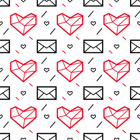 Abstract seamless pattern with heart and letter. Geometry polygonal  style. Black and red lines. Eps10のイラスト素材