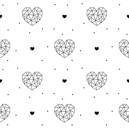 Geometric hearts seamless pattern on white background for Valentine's Day. Triangle or polygonal style. Black and white designのイラスト素材