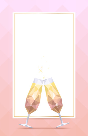 Background with champagne glass and golden frame with cope space for menu, invitation, holiday card. Polygonal styleのイラスト素材