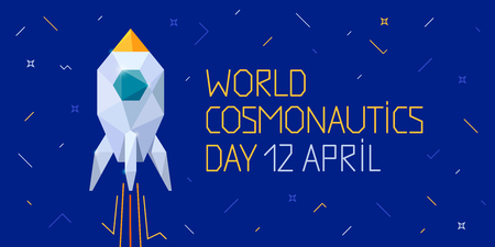 12 April Cosmonautics Day banner with rocket. International day human space flight. Horizontal web banner. Polygonal styleのイラスト素材