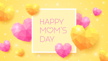 Greeting card for Happy Mom's Day. Horizontal web banner with pink and yellow triangle hearts on doted yellow backgroundのイラスト素材