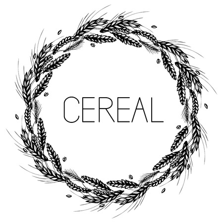 Rye, barley, malt and wheat round frame or wreath on white background. Black and white hand drawn sketch for bakery, beer or labels design. JPG include isolated pathのイラスト素材