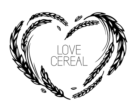 Wheat and malt heart frame or wreath on white background. Love cereal. Black and white hand drawn sketch for bakery, cereals or labels design. JPG include isolated pathのイラスト素材