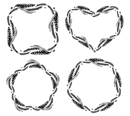 Set of wheat and malt round, heart, star and square frames or wreath on white background. Black and white hand drawn sketch for bakery, beer or labels design. JPG include isolated pathのイラスト素材
