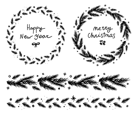 Christmas and New Year circle wreath and garland set. Black and white fir
 branches, stars and berryのイラスト素材