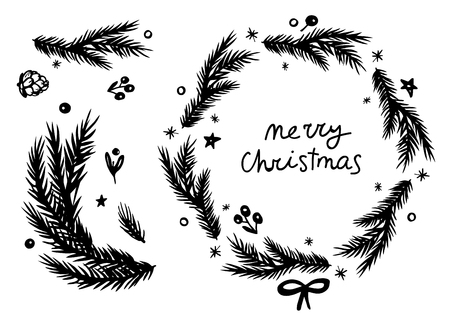 Merry Christmas circle wreath, branch and cone set. Black and white hand drawn elements for designのイラスト素材
