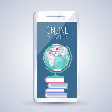 Online education concept on smartphone screen with globe and books. Online libraryのイラスト素材