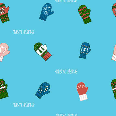 Seamless hand drawn vector christmas pattern. Colorful mitten illustartion background for packaging, wrapping, wallpaper on blueのイラスト素材