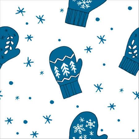 Seamless hand drawn vector christmas pattern. Blue mitten illustartion with snowflakes background for packaging, wrapping, wallpaper on whiteのイラスト素材