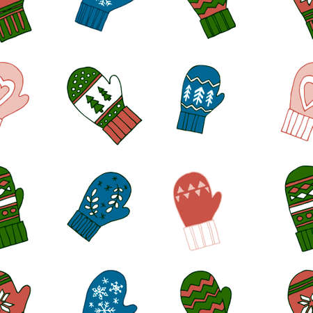 Seamless hand drawn vector christmas pattern. Colorful mitten illustartion background for packaging, wrapping, wallpaper on whiteのイラスト素材