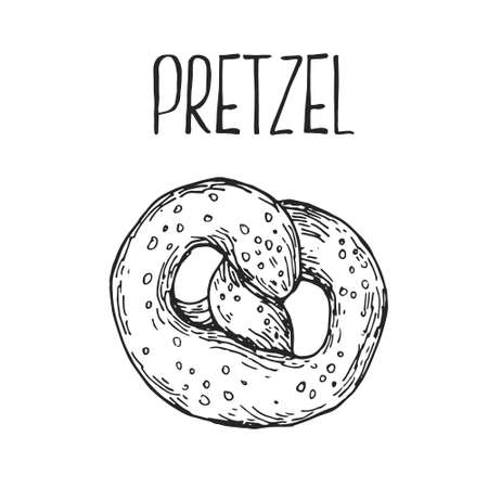 Hand drawn vector illustration of pretzel. Label lettering with space for text. Fast food menu, cafe decorのイラスト素材