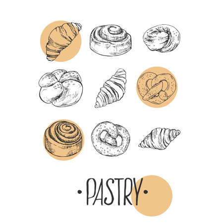 Set of hand drawn vector illustration of croissants. Buns with lettering. Pastry and bakery for fast food menu, cafe decorのイラスト素材